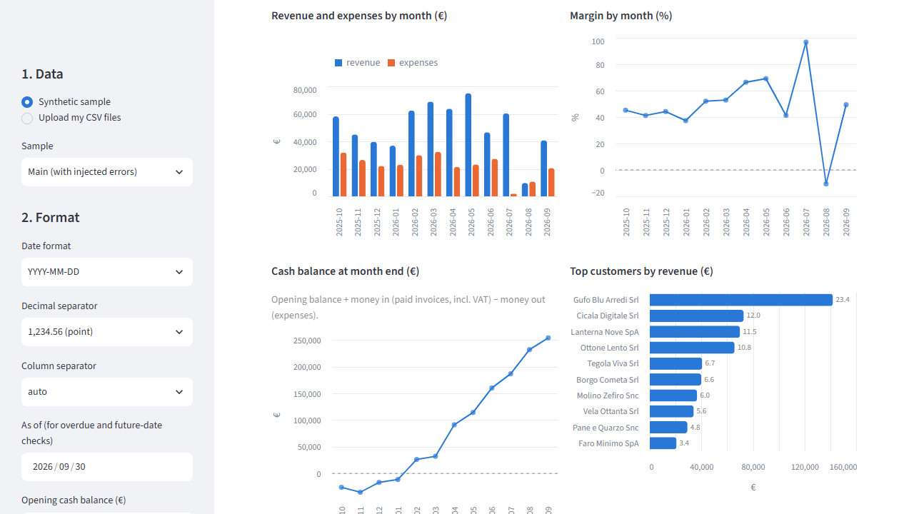 Data checks tab listing problems in synthetic sales and expense files, each with line number, column and value.